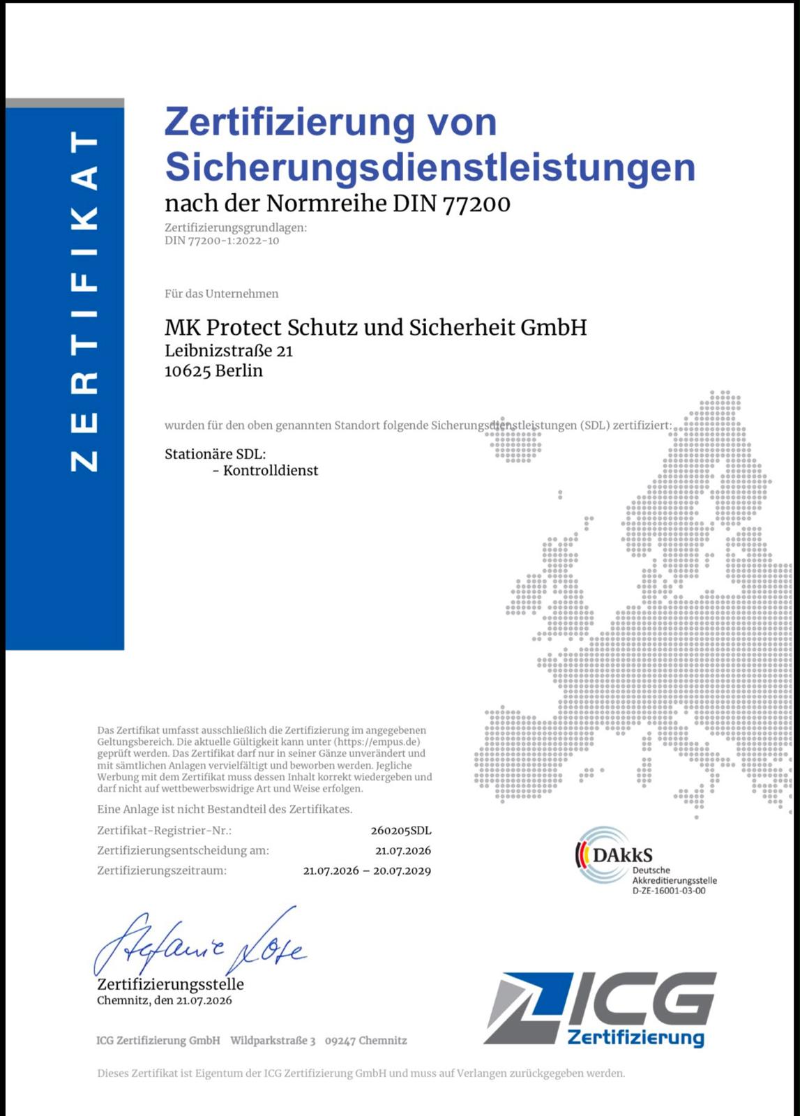 Zertifikat Sicherungsdienstleistungen nach DIN 77200-1:2022-10